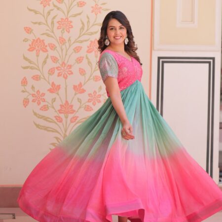 Women's Dual-Tone Ombre Gown in Candy Pink & Aqua Green with Embroidered Bodice – Festive & Contemporary Wear